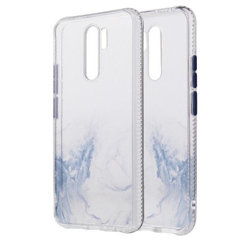 

For Xiaomi Redmi 9 Marble Pattern Glittery Powder Shockproof TPU Case with Detachable Buttons(Baby Blue)