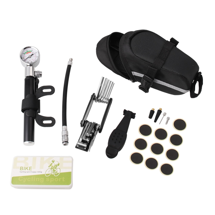 

Bike Tire Repair Tool Kit with Mini Gauge Hand Pump 210PSI Air Pump