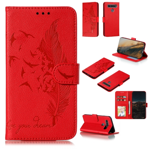 

For LG K61 Feather Pattern Litchi Texture Horizontal Flip Leather Case with Wallet & Holder & Card Slots(Red)