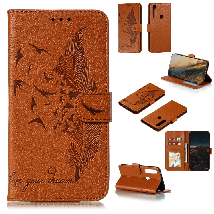 

For Motorola Moto G Power Feather Pattern Litchi Texture Horizontal Flip Leather Case with Wallet & Holder & Card Slots(Brown)