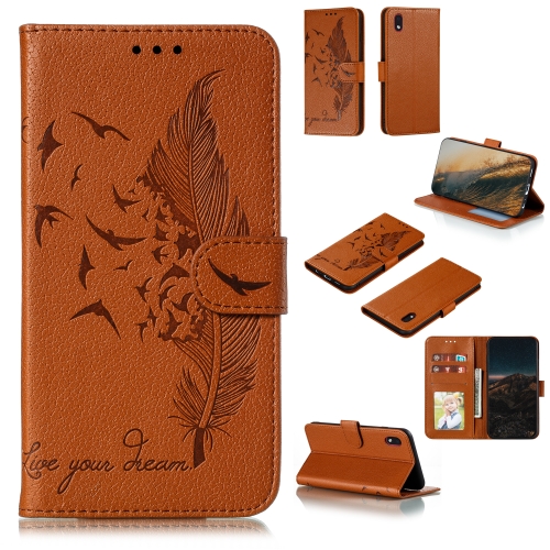 

For Samsung Galaxy A01 Core Feather Pattern Litchi Texture Horizontal Flip Leather Case with Wallet & Holder & Card Slots(Brown)