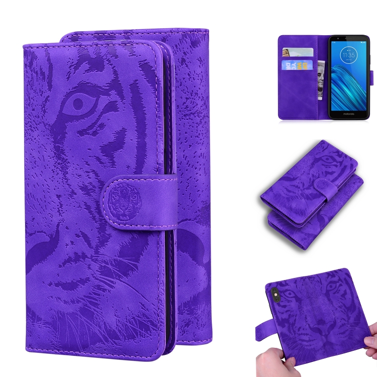 

For Motorola Moto E6 Tiger Embossing Pattern Horizontal Flip Leather Case with Holder & Card Slots & Wallet(Purple)