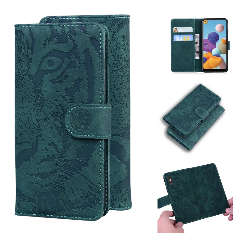 

For Samsung Galaxy A21 Tiger Embossing Pattern Horizontal Flip Leather Case with Holder & Card Slots & Wallet(Green)