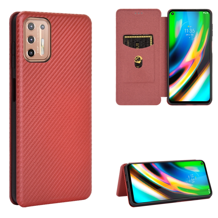 

For Motorola Moto G9 Plus Carbon Fiber Texture Magnetic Horizontal Flip TPU + PC + PU Leather Case with Card Slot(Brown)