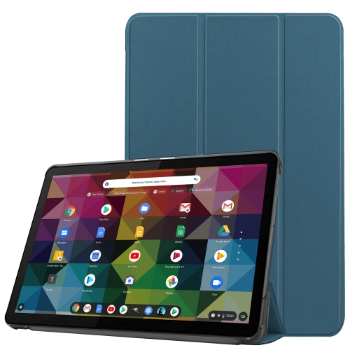 

For Lenove Duet Chromebook uster Texture Smart PU Leather Case with Sleep / Wake-up Function & 3-Fold Holder(Dark Green)