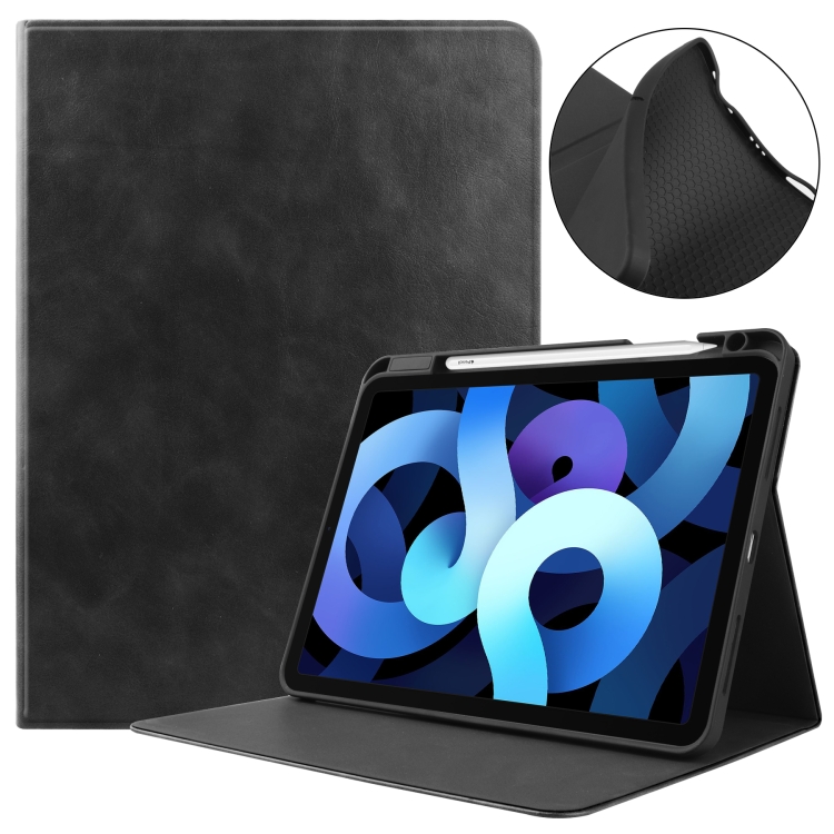 

For iPad Air 4 10.9 (2020) Cowhide Texture TPU Tablet Horizontal Flip Leather Case with Holder & Sleep / Wake-Up Function & Pen Slot(Black)