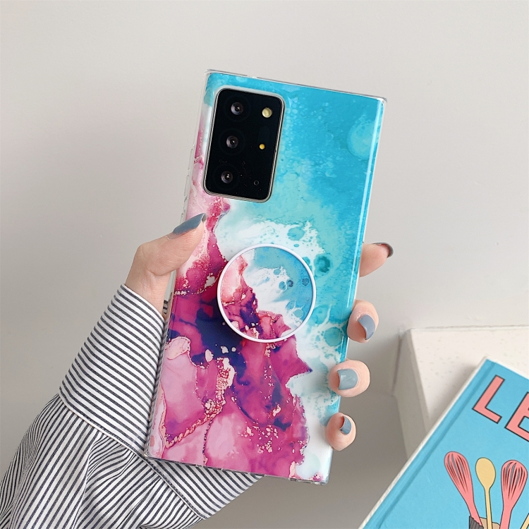 

For Samsung Galaxy A31 Ocean Wave Coral IMD Glossy Marble Phone Case with Foldable Holder(Purple Blue)