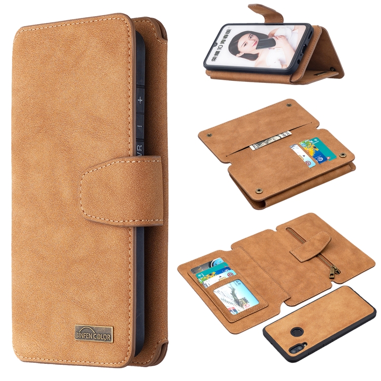 

For Huawei P Smart (2019) Detachable Frosted Magnetic Horizontal Flip Leather Case with Card Slots & Holder & Zipper Wallet & Photo Frame(Brown)