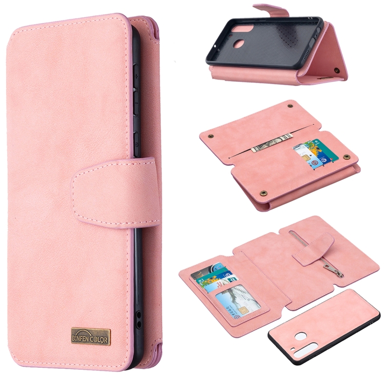 

For Samsung Galaxy A21 Detachable Frosted Magnetic Horizontal Flip Leather Case with Card Slots & Holder & Zipper Wallet & Photo Frame(Pink)