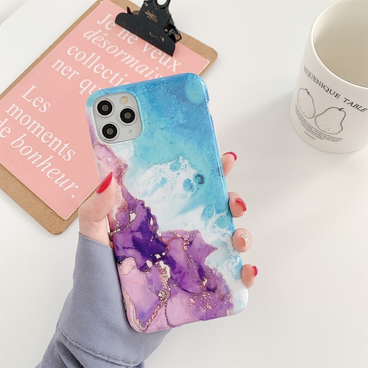 

For iPhone 11 Pro Ocean Wave Coral IMD Glossy Marble Phone Case(Purple Blue)