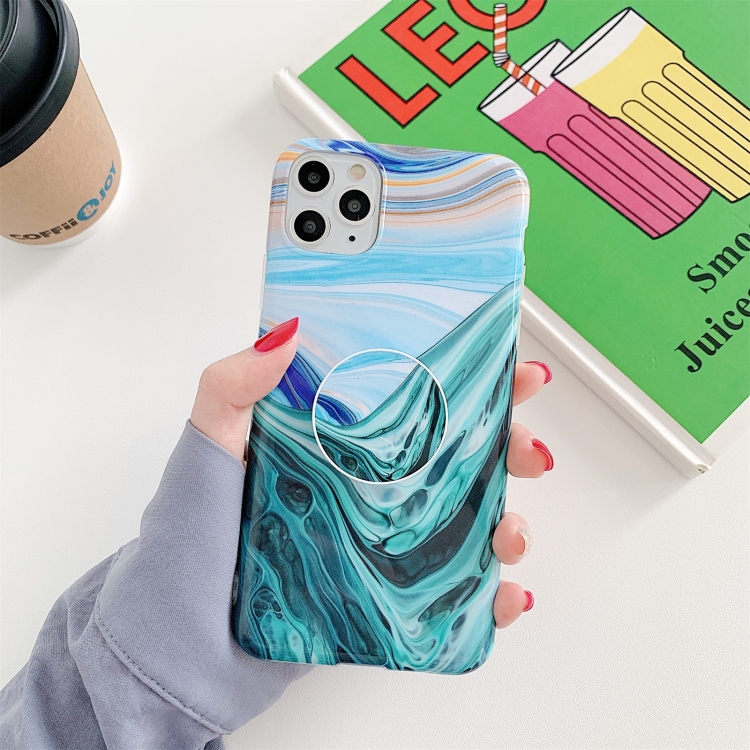 

For iPhone 11 Pro Ocean Wave Coral IMD Glossy Marble Phone Case with Foldable Holder(Green)