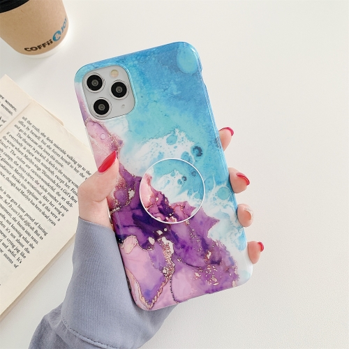 

For iPhone 11 Pro Ocean Wave Coral IMD Glossy Marble Phone Case with Foldable Holder(Purple Blue)