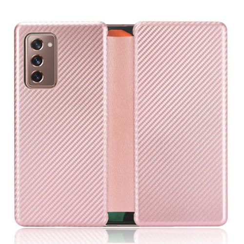 

For Samsung Galaxy Z Fold2 5G Carbon Fiber Texture Magnetic Horizontal Flip TPU + PC + PU Leather Case with Card Slot(Pink)