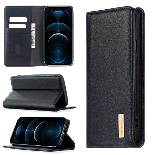 

For iPhone 12 Pro Max 2 in 1 Detachable Magnetic Horizontal Flip Genuine Leather Case with Holder & Card Slots & Wallet(Black)