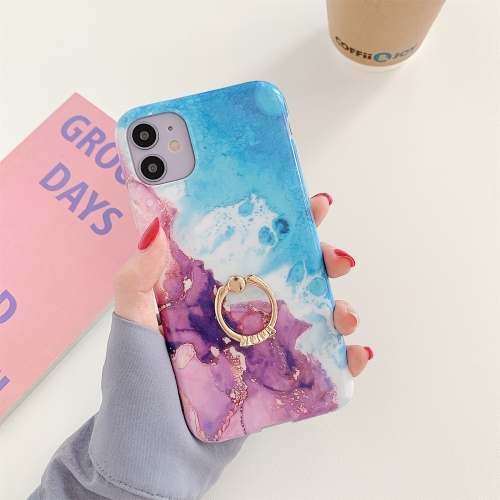 

For iPhone 11 Ocean Wave Coral IMD Glossy Marble Phone Case with Ring Holder(Purple Blue)