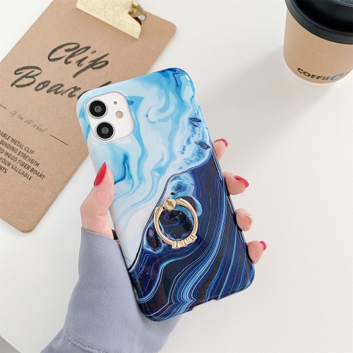 

For iPhone 11 Pro Max Ocean Wave Coral IMD Glossy Marble Phone Case with Ring Holder(Black)