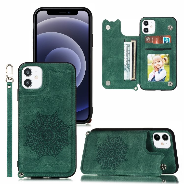 

For iPhone 12 Mini Mandala Embossed PU + TPU Case with Holder & Card Slots & Photo Frame & Hand Strap(Green)