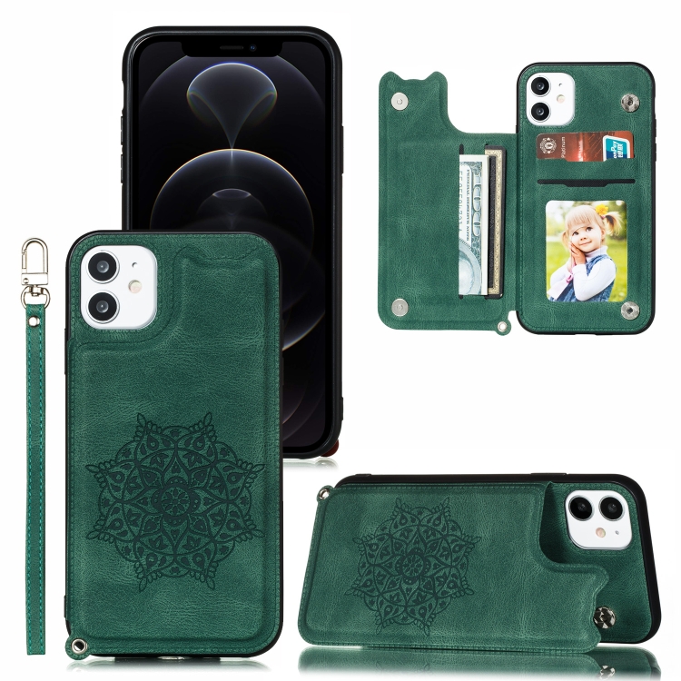 

For iPhone 12 / 12 Pro Mandala Embossed PU + TPU Case with Holder & Card Slots & Photo Frame & Hand Strap(Green)