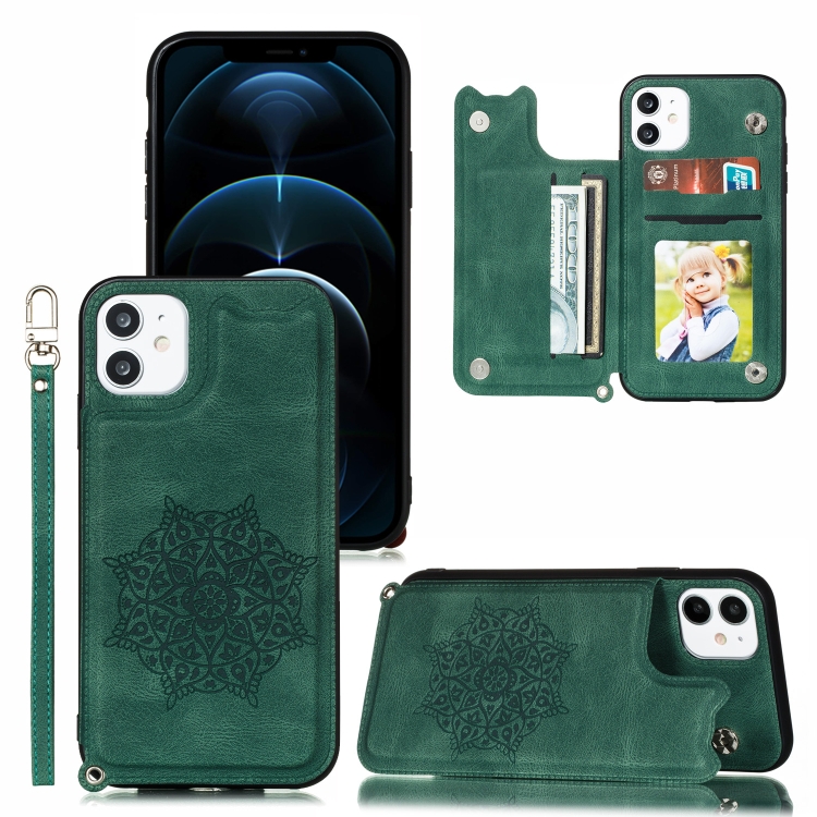 

For iPhone 12 Pro Max Mandala Embossed PU + TPU Case with Holder & Card Slots & Photo Frame & Hand Strap(Green)