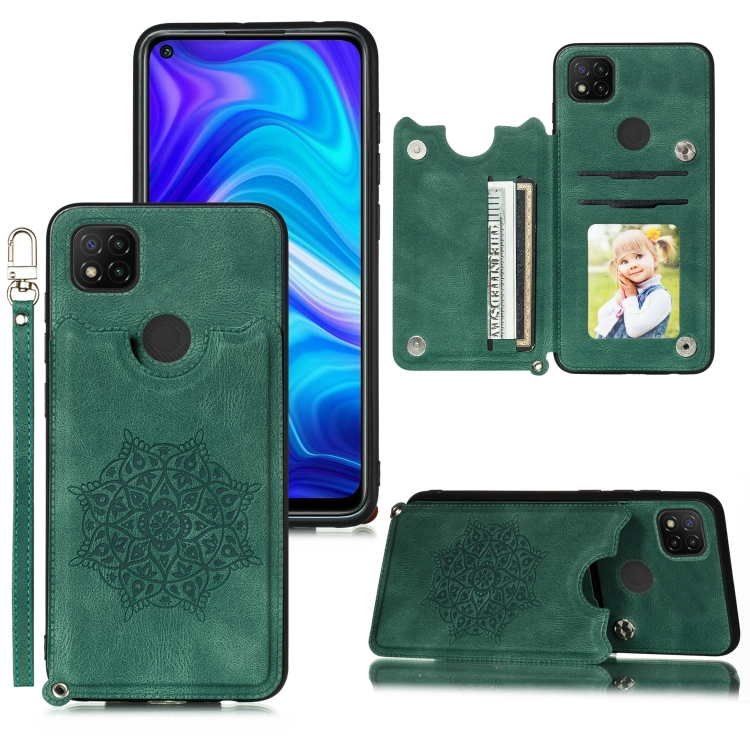 

For Xiaomi Redmi 9C Mandala Embossed PU + TPU Case with Holder & Card Slots & Photo Frame & Hand Strap(Green)