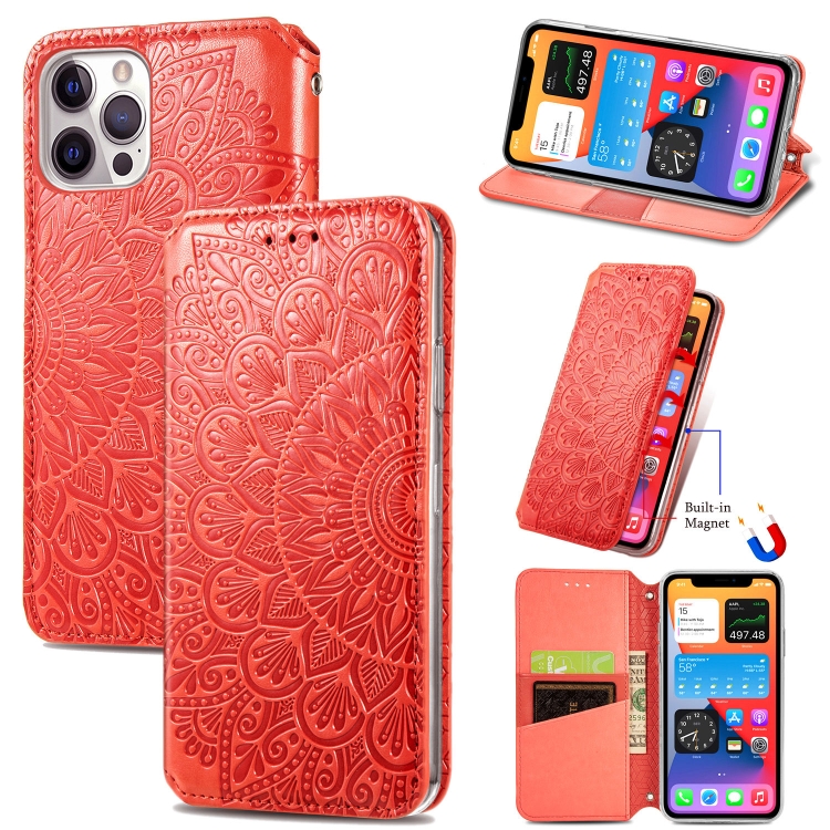 

Blooming Mandala Embossed Pattern Magnetic Horizontal Flip Leather Case with Holder & Card Slots & Wallet For iPhone 12 / 12 Pro(Orange)