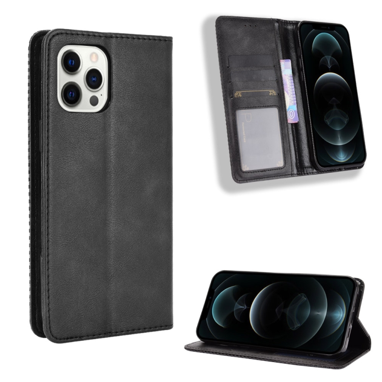 

Magnetic Buckle Retro Pattern Horizontal Flip Leather Case with Holder & Card Slot & Wallet for iPhone 12 / 12 Pro(Black)