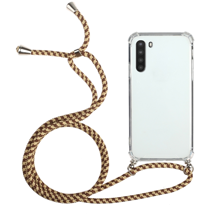 

For Samsung Galaxy A21 (EU Version) Four-Corner Anti-Fall Transparent TPU Protective Case with Lanyard(Brown Yellow)