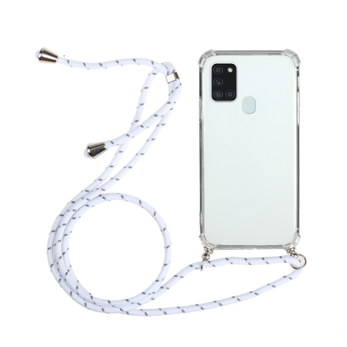 

For Samsung Galaxy A21s Four-Corner Anti-Fall Transparent TPU Protective Case with Lanyard(White)