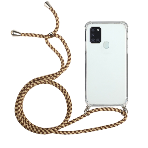 

For Samsung Galaxy A21s Four-Corner Anti-Fall Transparent TPU Protective Case with Lanyard(Brown Yellow)