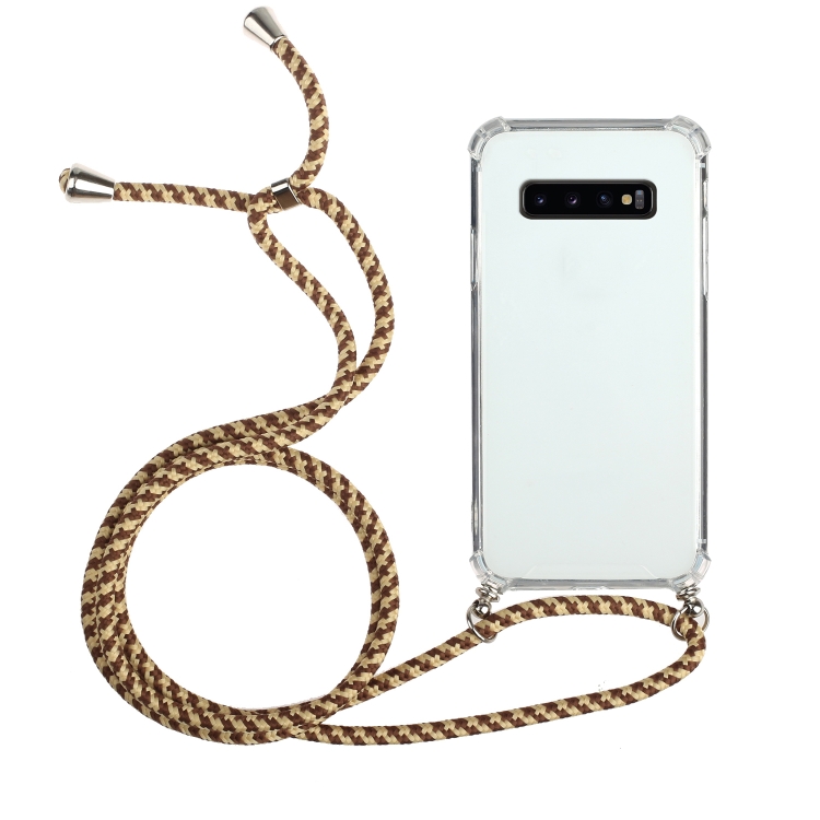 

For Samsung Galaxy S10 Four-Corner Anti-Fall Transparent TPU Protective Case with Lanyard(Brown Yellow)