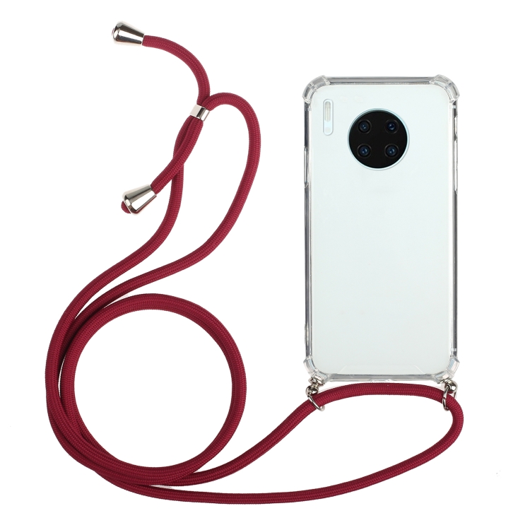 

For Huawei Mate 30 Four-Corner Anti-Fall Transparent TPU Protective Case with Lanyard(Red)