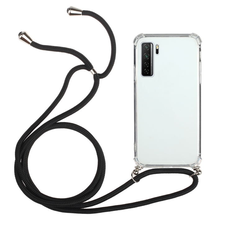 

For Huawei P40 Lite 5G Four-Corner Anti-Fall Transparent TPU Protective Case with Lanyard(Black)