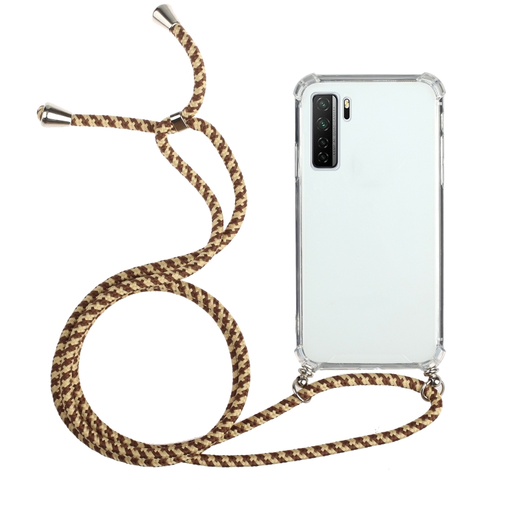 

For Huawei P40 Lite 5G Four-Corner Anti-Fall Transparent TPU Protective Case with Lanyard(Brown Yellow)