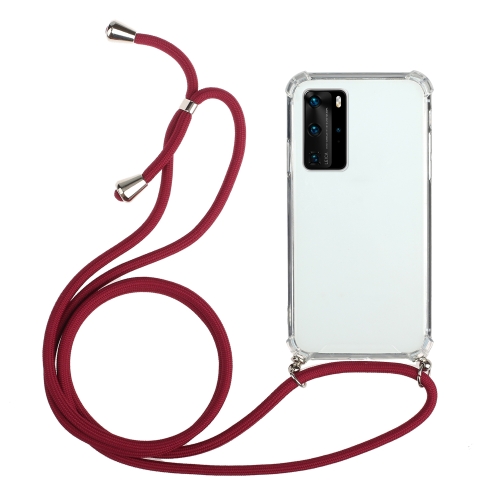 

For Huawei P40 Pro Four-Corner Anti-Fall Transparent TPU Protective Case with Lanyard(Red)