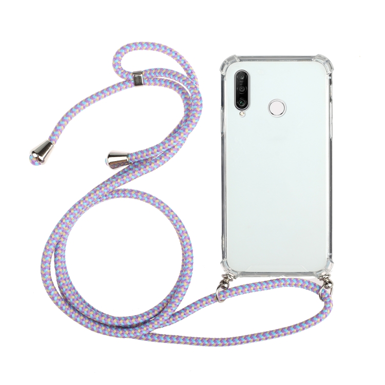 

For Huawei Y6p Four-Corner Anti-Fall Transparent TPU Protective Case with Lanyard(Purple)