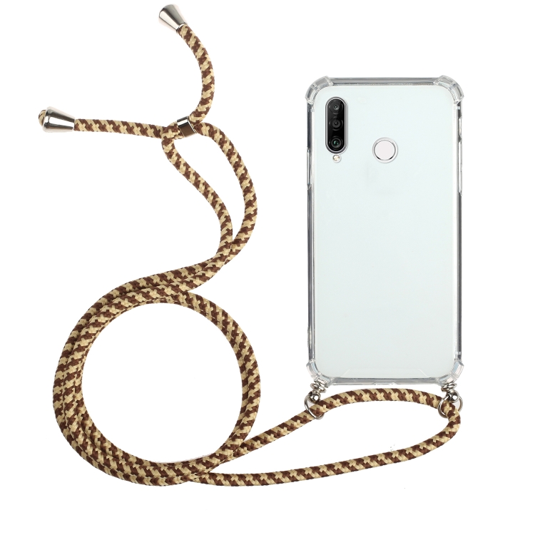 

For Huawei Y6p Four-Corner Anti-Fall Transparent TPU Protective Case with Lanyard(Brown Yellow)