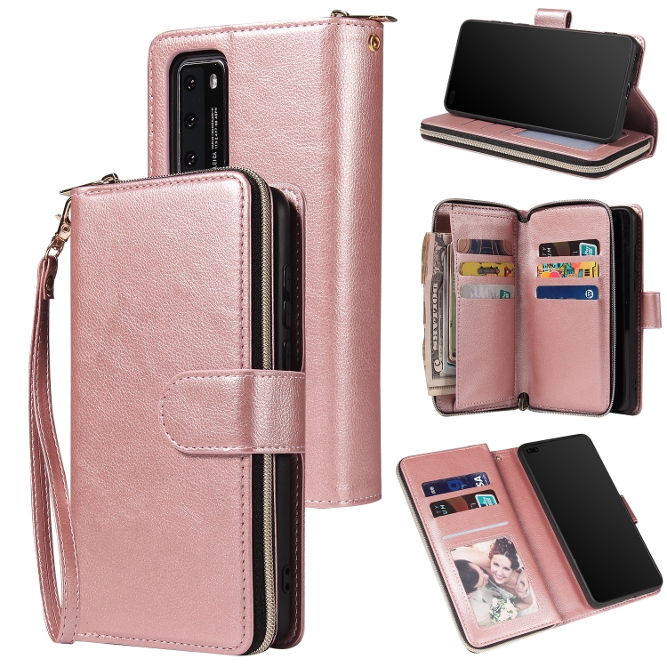 

For Huawei P40 Zipper Wallet Bag Horizontal Flip PU Leather Case with Holder & 9 Card Slots & Wallet & Lanyard & Photo Frame(Rose Gold)