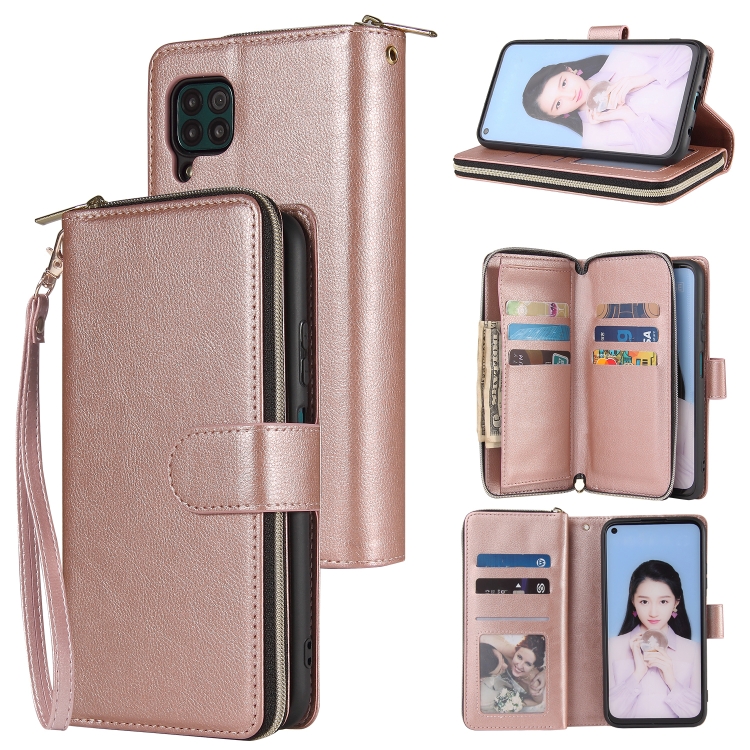 

For Huawei P40 Lite Zipper Wallet Bag Horizontal Flip PU Leather Case with Holder & 9 Card Slots & Wallet & Lanyard & Photo Frame(Rose Gold)