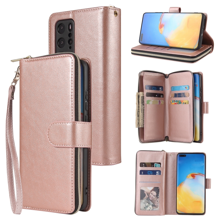 

For Huawei P40 Pro Zipper Wallet Bag Horizontal Flip PU Leather Case with Holder & 9 Card Slots & Wallet & Lanyard & Photo Frame(Rose Gold)