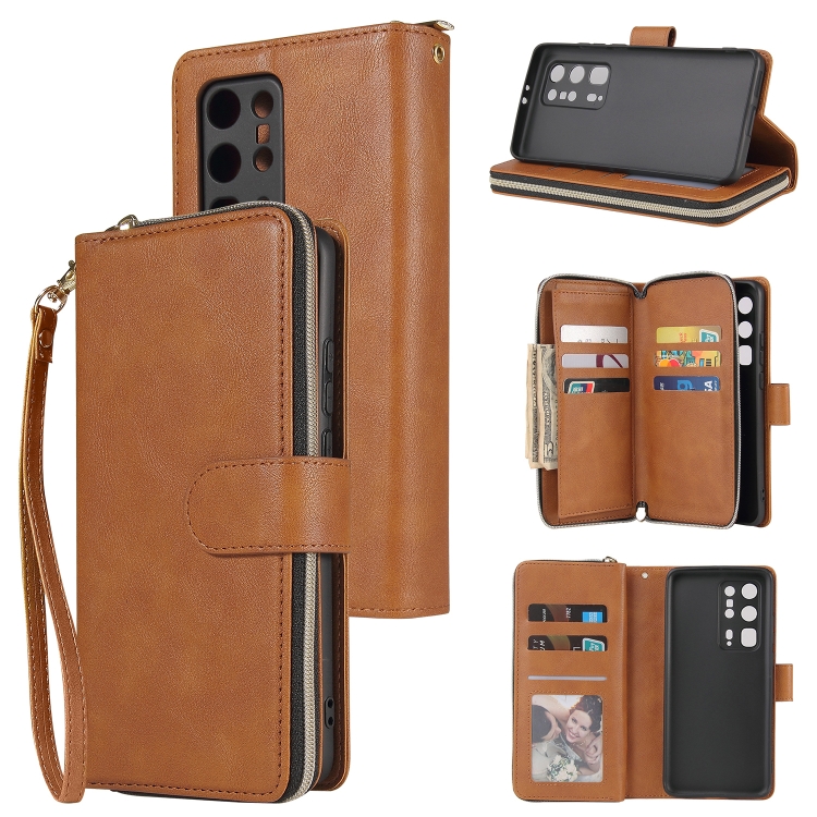 

For Huawei P40 Pro+ Zipper Wallet Bag Horizontal Flip PU Leather Case with Holder & 9 Card Slots & Wallet & Lanyard & Photo Frame(Brown)