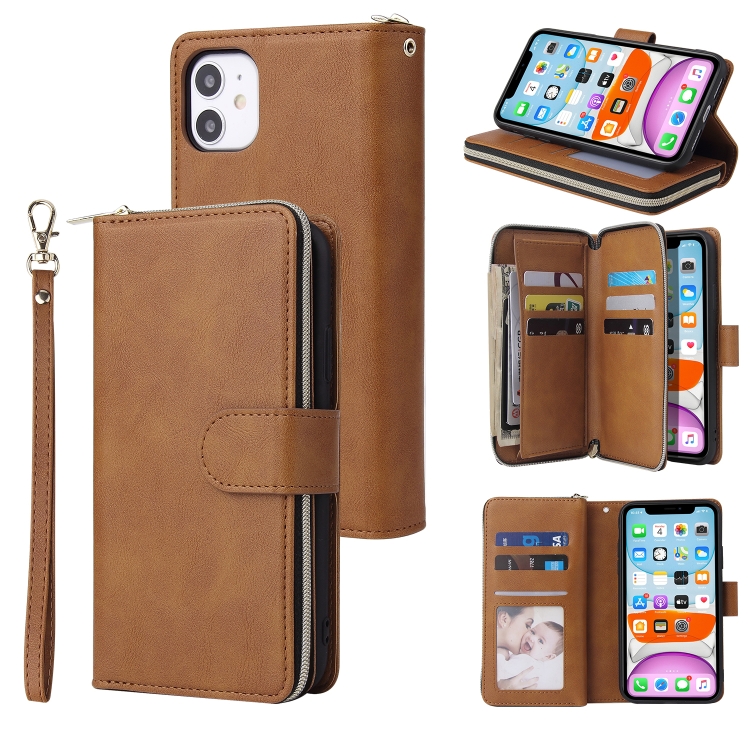 

For iPhone 11 Pro Zipper Wallet Bag Horizontal Flip PU Leather Case with Holder & 9 Card Slots & Wallet & Lanyard & Photo Frame(Brown)