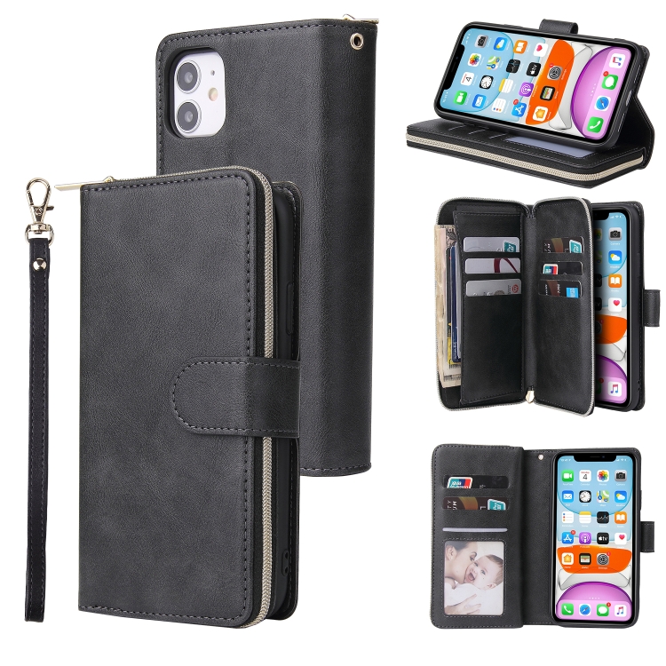 

For iPhone 11 Pro Max Zipper Wallet Bag Horizontal Flip PU Leather Case with Holder & 9 Card Slots & Wallet & Lanyard & Photo Frame(Black)