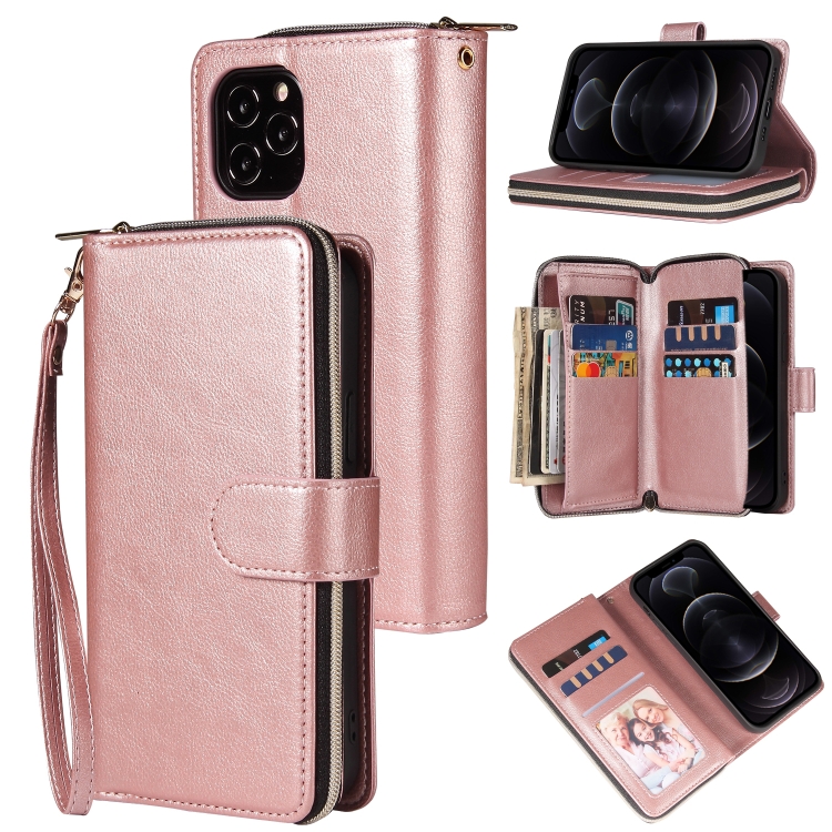 

For iPhone 12 / 12 Pro Zipper Wallet Bag Horizontal Flip PU Leather Case with Holder & 9 Card Slots & Wallet & Lanyard & Photo Frame(Rose Gold)