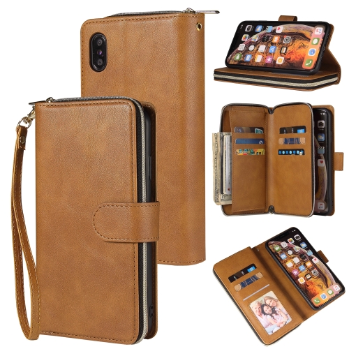

For iPhone XR Zipper Wallet Bag Horizontal Flip PU Leather Case with Holder & 9 Card Slots & Wallet & Lanyard & Photo Frame(Brown)