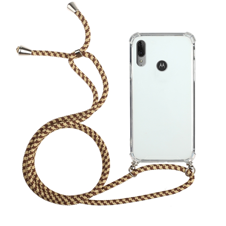 

For Motorola Moto E6 Plus Four-Corner Anti-Fall Transparent TPU Protective Case with Lanyard(Brown Yellow)
