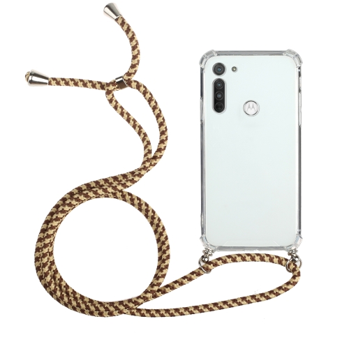 

For Motorola Moto G8 Four-Corner Anti-Fall Transparent TPU Protective Case with Lanyard(Brown Yellow)