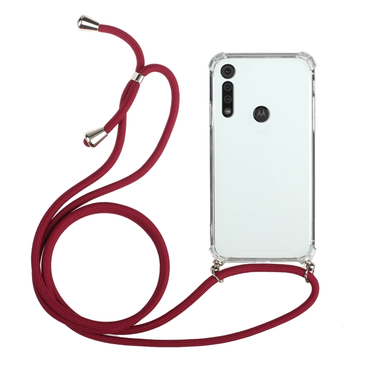 

For Motorola Moto G8 Play Four-Corner Anti-Fall Transparent TPU Protective Case with Lanyard(Red)