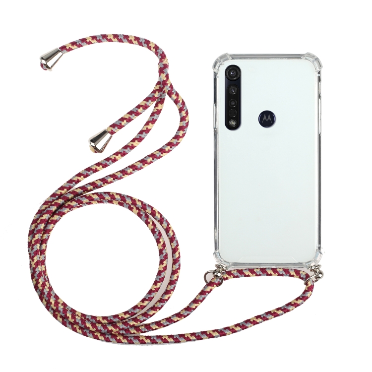 

For Motorola Moto G8 Plus Four-Corner Anti-Fall Transparent TPU Protective Case with Lanyard(Red Grey)