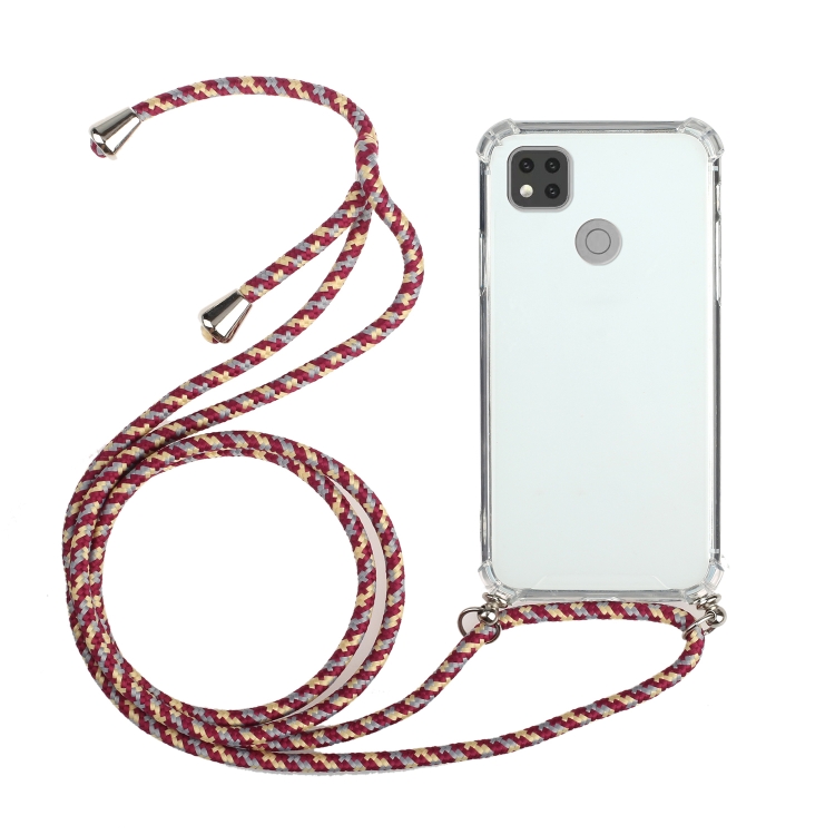 

For Xiaomi Redmi 9C Four-Corner Shockproof Transparent TPU Protective Case with Lanyard(Red Grey)