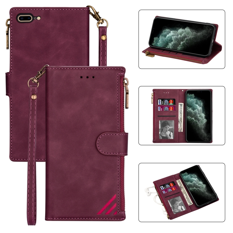 

Zipper Multi-card Slots Horizontal Flip PU Leather Case with Holder & Card Slots & Wallet & Lanyard & Photo Frame for iPhone 8 Plus / 7 Plus(Wine Red)